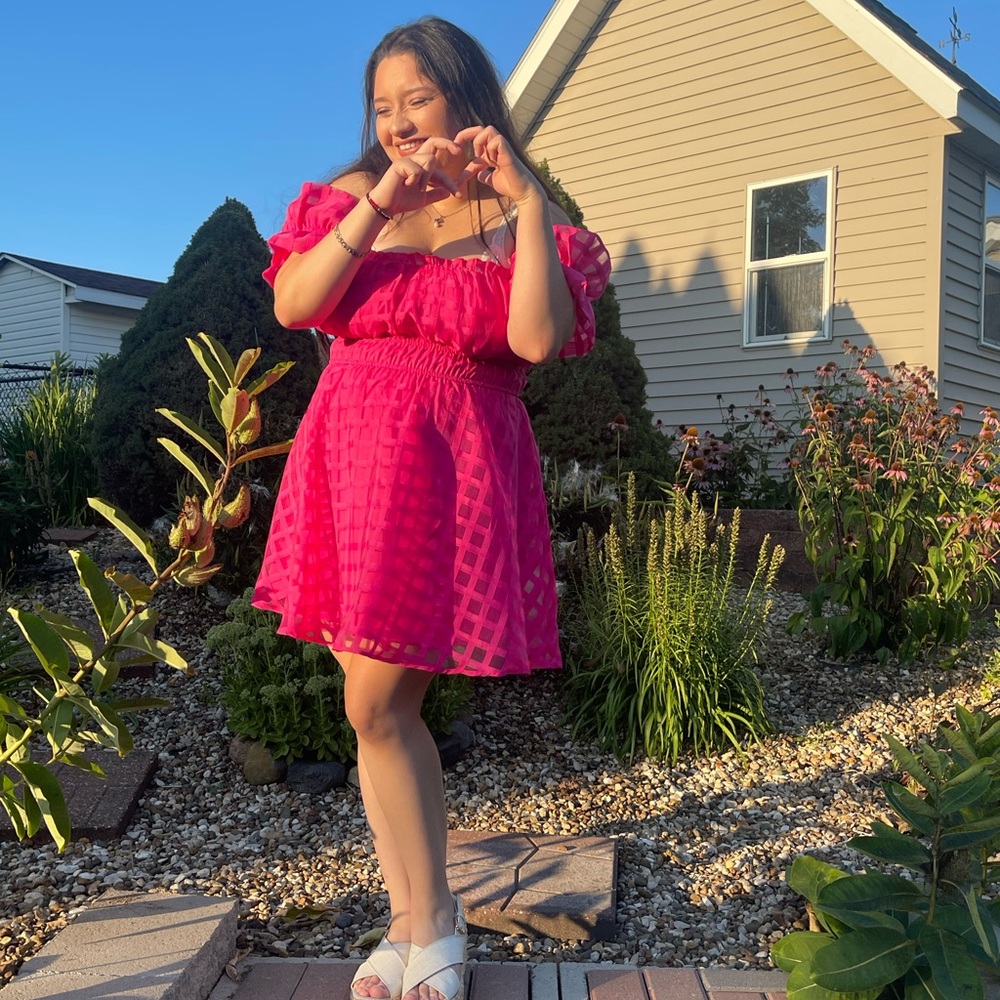 Bright Fuchsia Off-Shoulder Grid Mesh Mini Dress